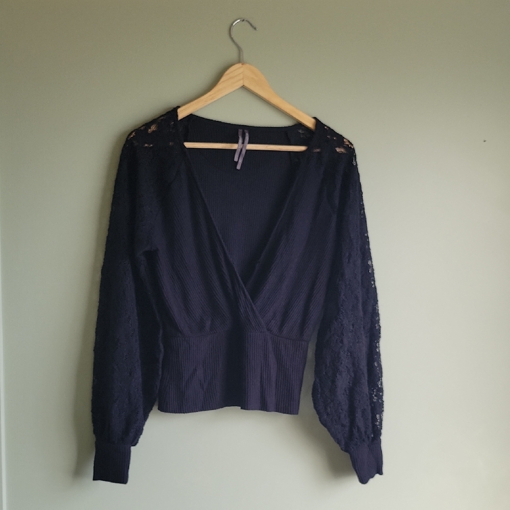Anthropologie Faux Wrap Lace Sleeve Sweater